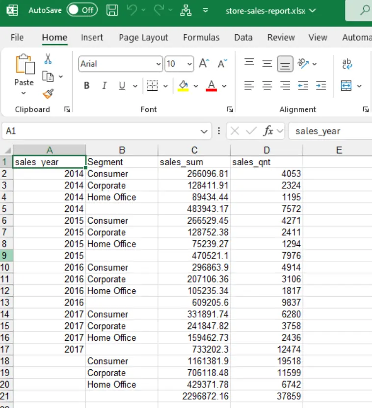 Експортираните в Excel данни